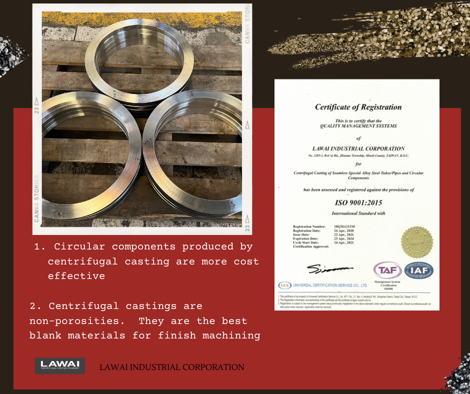 Larger diameter rings for butterfly valves and high-performance valves are able to be manufactured by centrifugal casting technique at LAWAI INDUSTRIAL CORPORATION in Taiwan